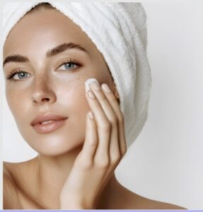 Mujer con toalla en el cabello aplicando crema facial sobre piel limpia