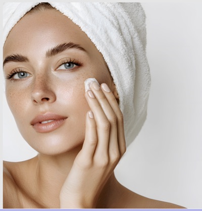 Mujer con toalla en el cabello aplicando crema facial sobre piel limpia